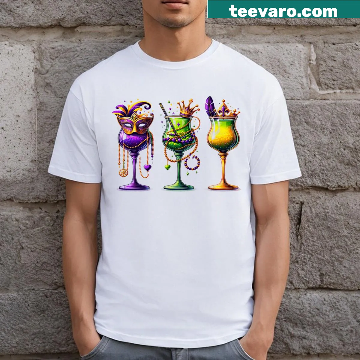 Funny Mardi Gras T-shirt featuring a cartoon wine glass graphic — on a men's t-shirt