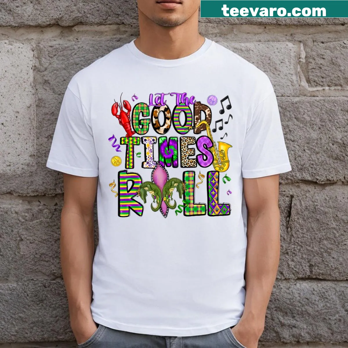 Mardi Gras T-shirt with alligator and fleur-de-lis design and festive text — on a men's t-shirt