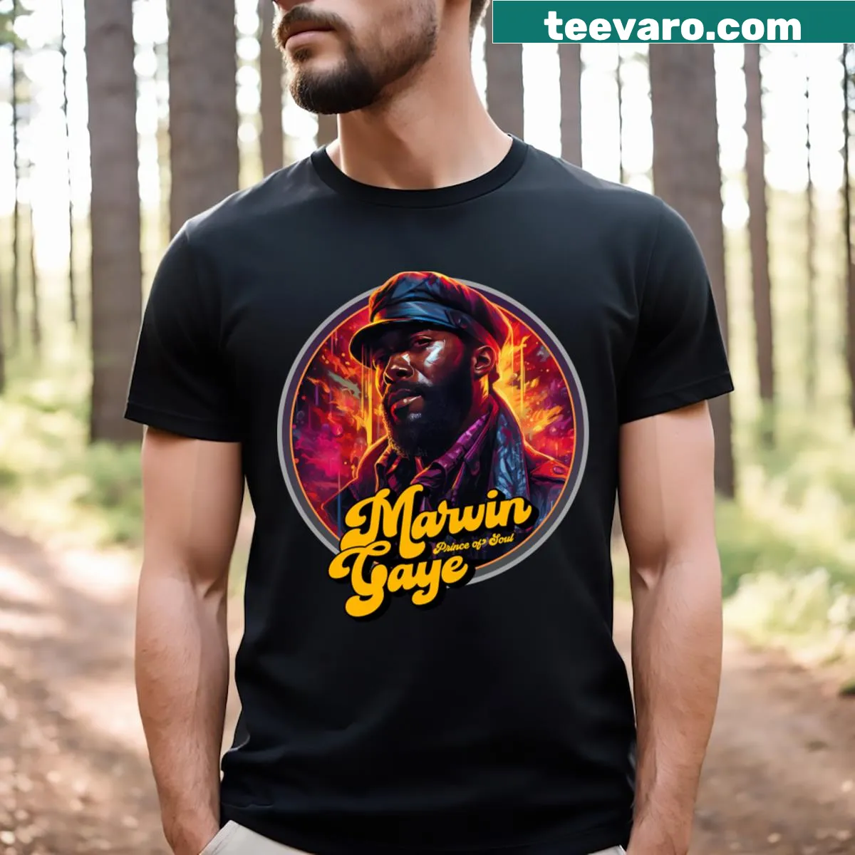 Marvin Gaye Prince Of Soul t-shirt with bold typographic design — on a men's t-shirt