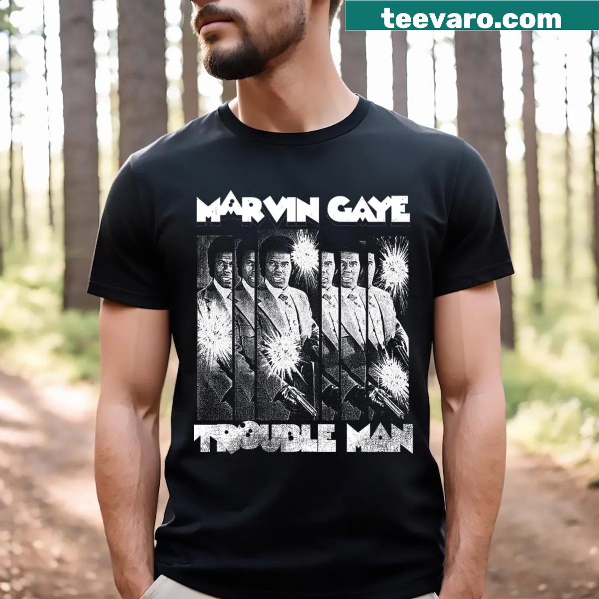 Marvin Gaye Trouble Man t-shirt with iconic album imagery — on a men's t-shirt