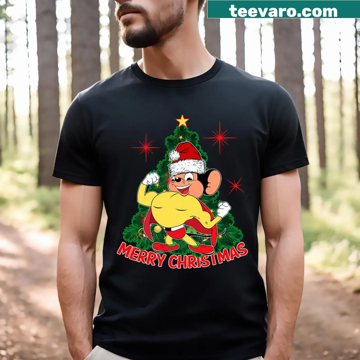 Cute Christmas superhero mouse t-shirt with a tree design — on a men's t-shirt