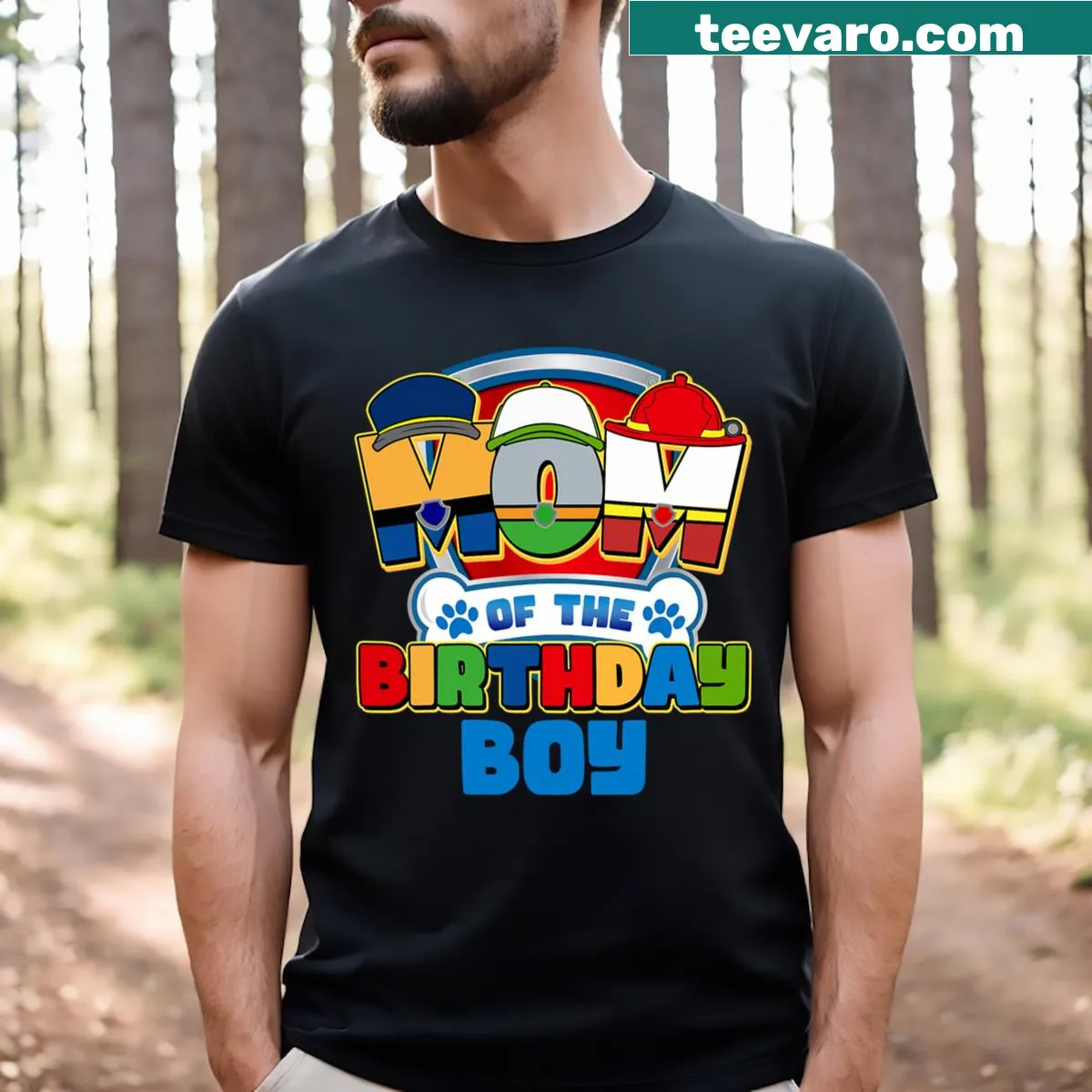 Matching T-shirt design for Mom and Dad of a birthday boy with paw prints — on a men's t-shirt