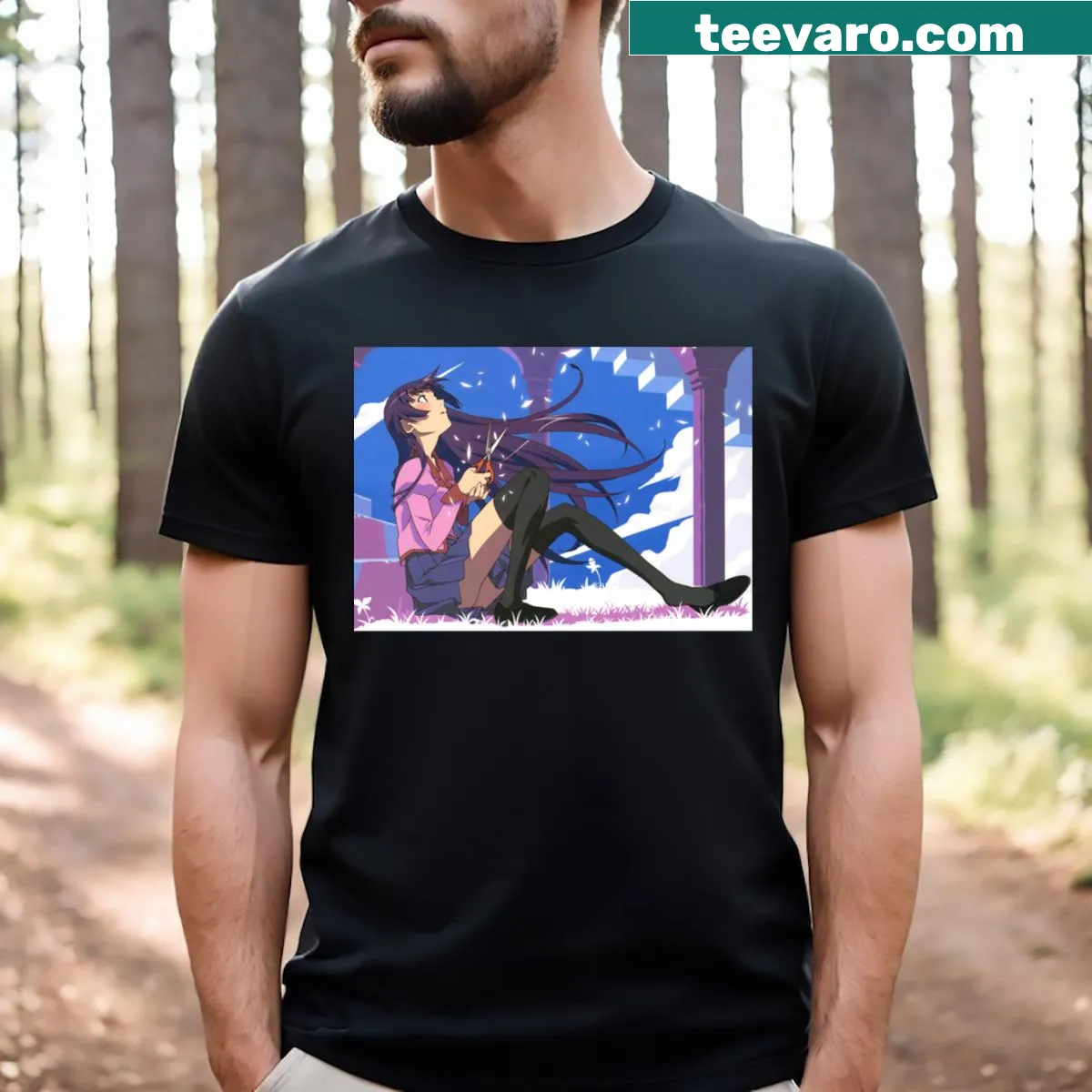Monogatari Series t-shirt featuring Senjougahara Hitagi illustration — on a men's t-shirt