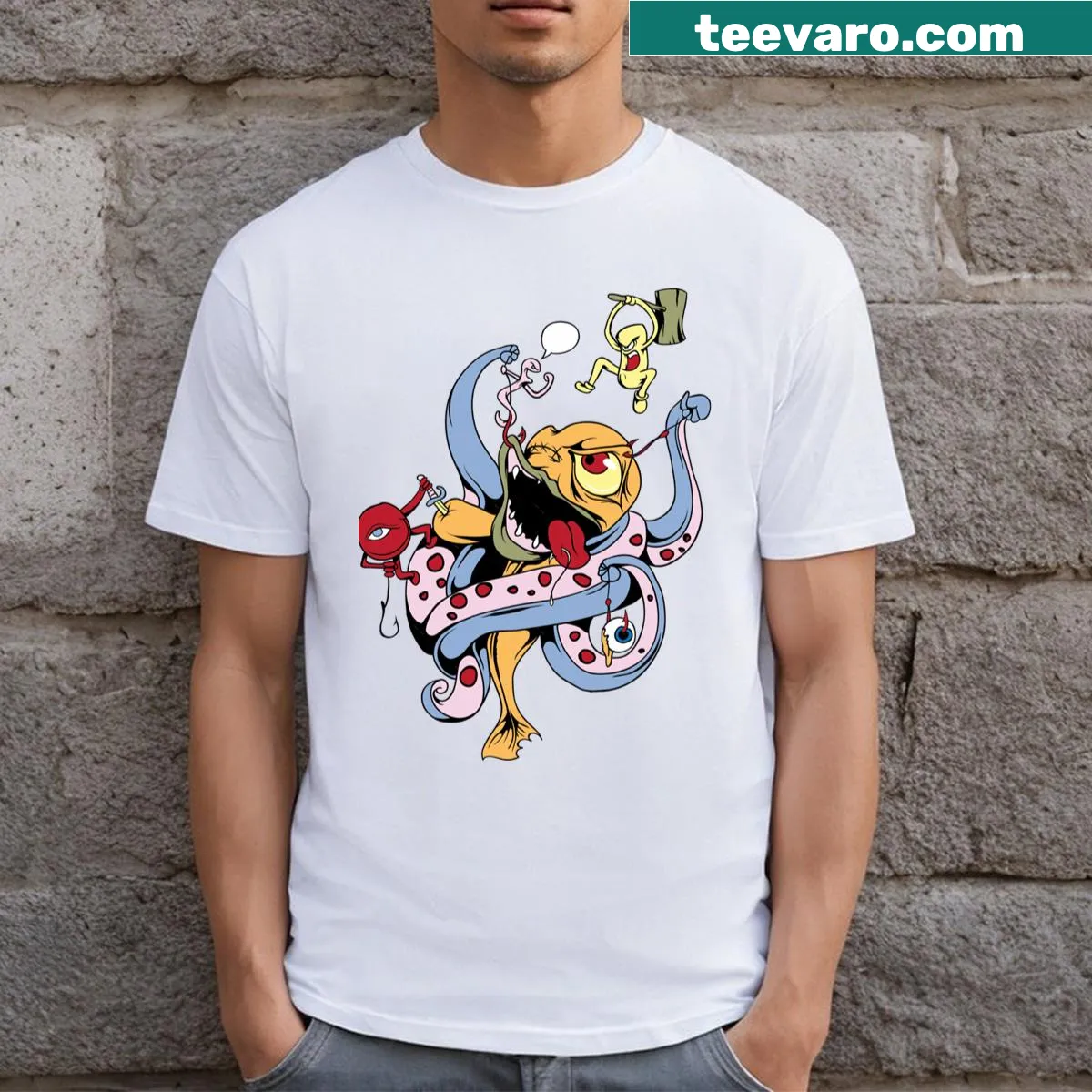Cartoon creatures from a monster clan on a comfy essential t-shirt — on a men's t-shirt