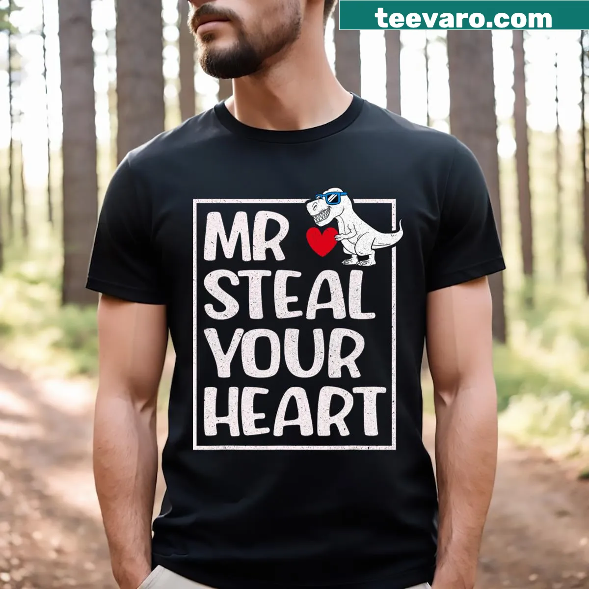 Illustration of a dinosaur with Mr. Steal Your Heart text on a kids' tee — on a men's t-shirt