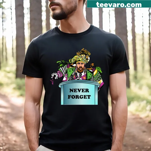T-shirt featuring the phrase 'Never Forget' in bold text