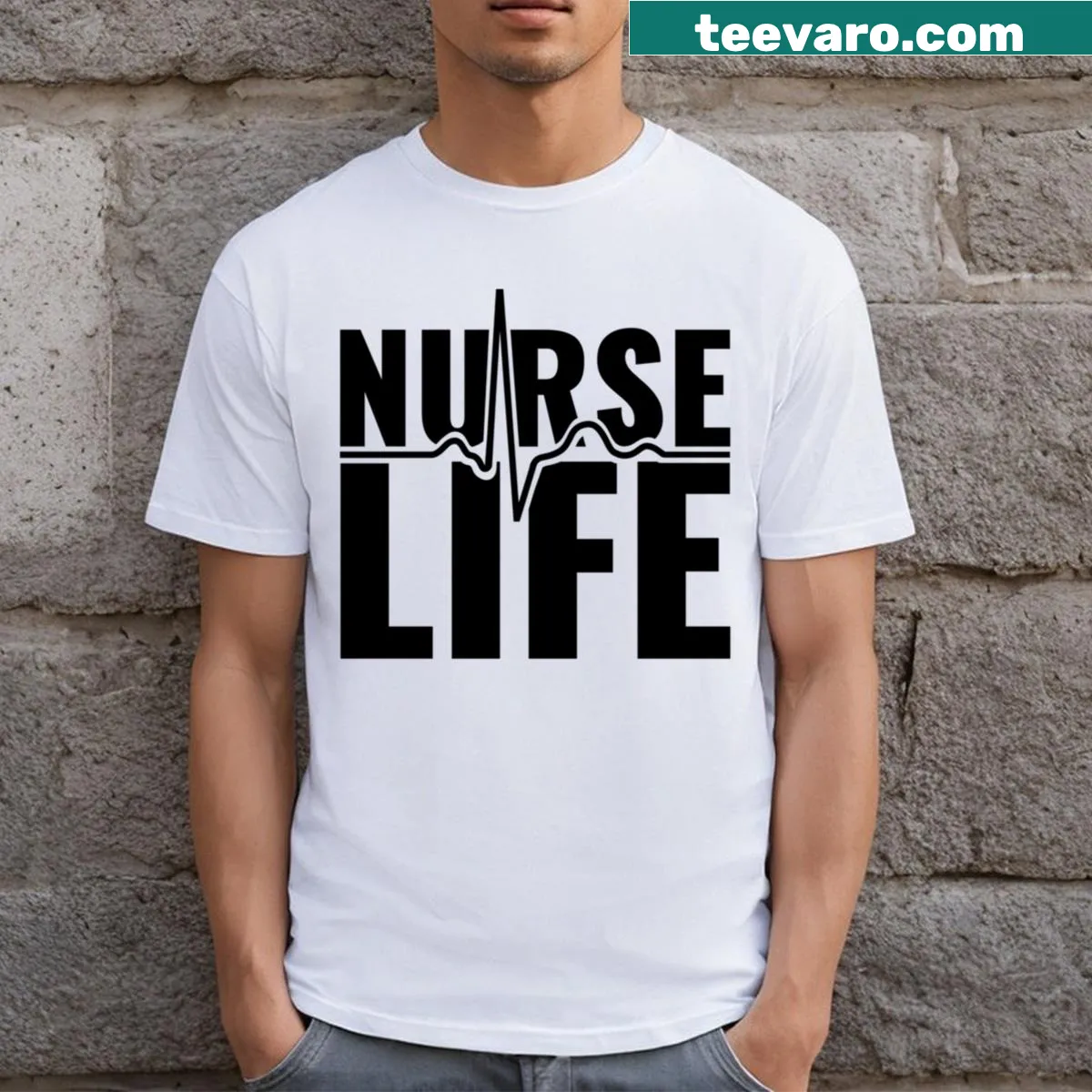 Nurse Life T-shirt with EKG heartbeat and heart design graphic — on a men's t-shirt