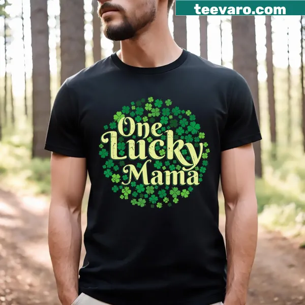 Funny St. Patrick's Day T-shirt for moms with 'One Lucky Mama' text and graphics