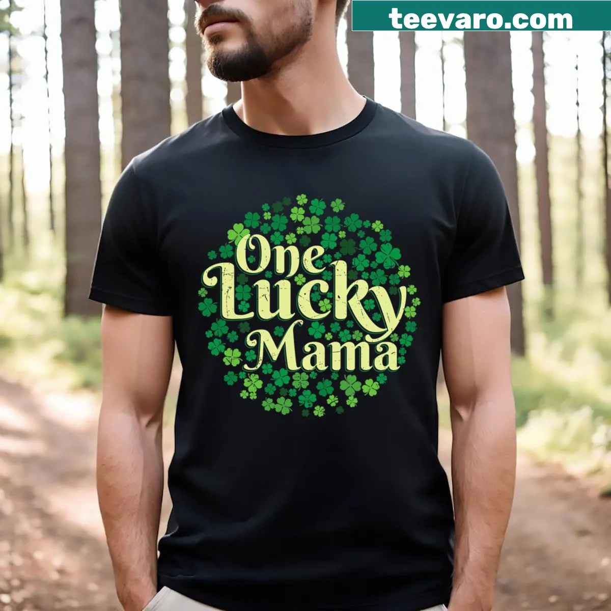 Funny St. Patrick's Day T-shirt for moms with 'One Lucky Mama' text and graphics — on a men's t-shirt