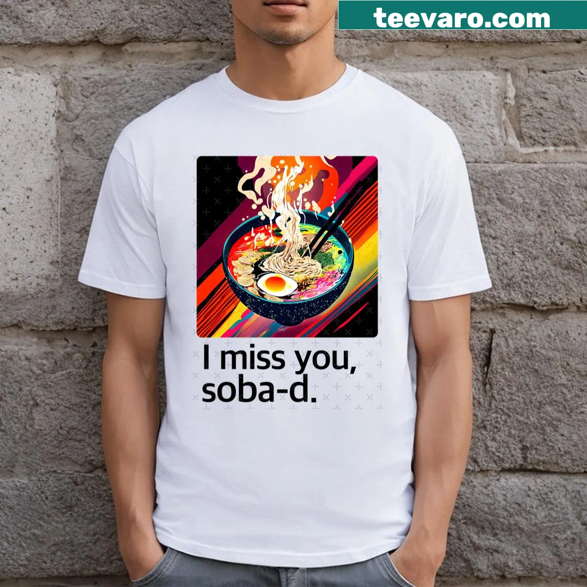 Whimsical Ramen In Space T-shirt with floating ramen bowl graphic — on a men's t-shirt