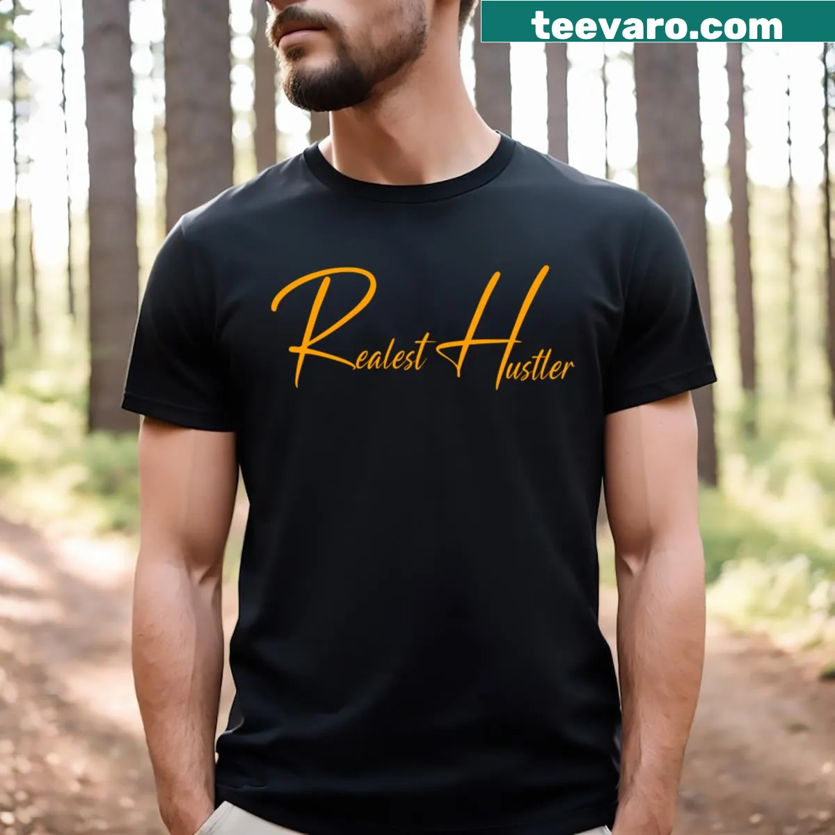 Bold t-shirt with the phrase 'Realest Hustler' in striking typography — on a men's t-shirt