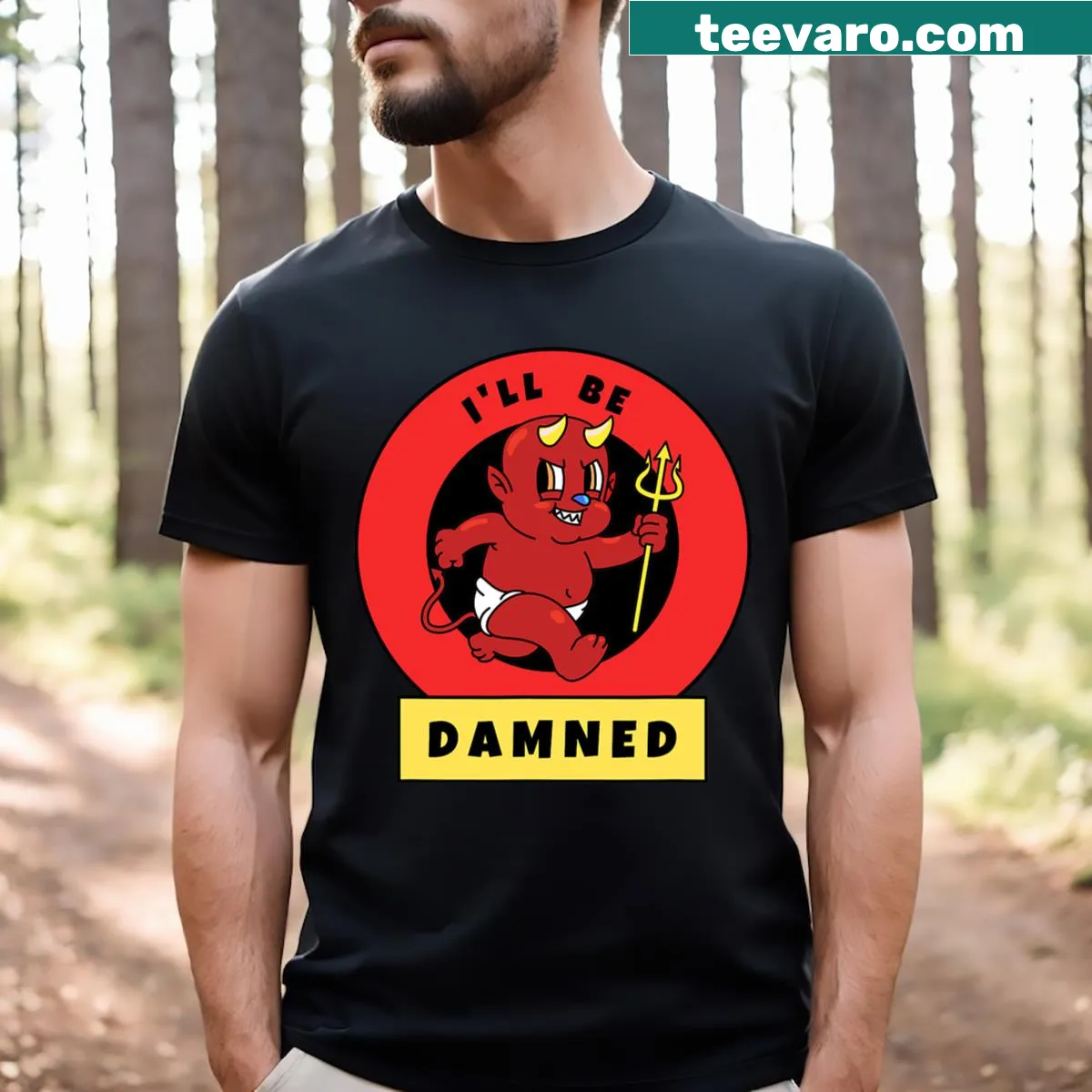 Playful cartoon red devil graphic on I'll Be Damned T-shirt — on a men's t-shirt