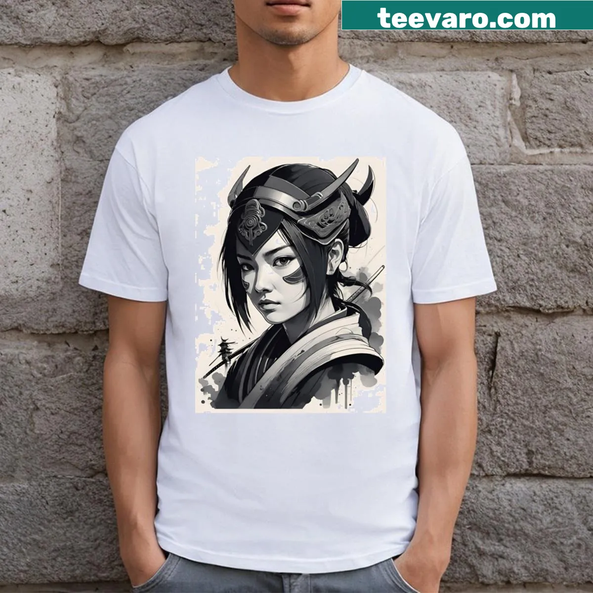 Illustrated samurai woman graphic t-shirt — on a men's t-shirt