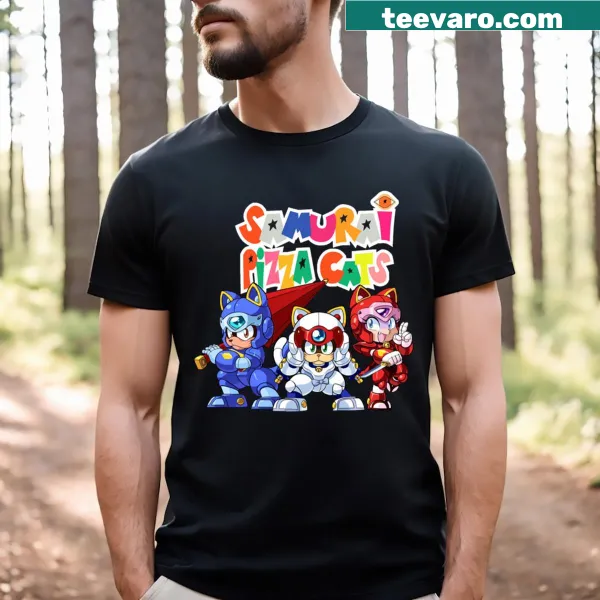Kawaii samurai cats with pizza graphic T-shirt