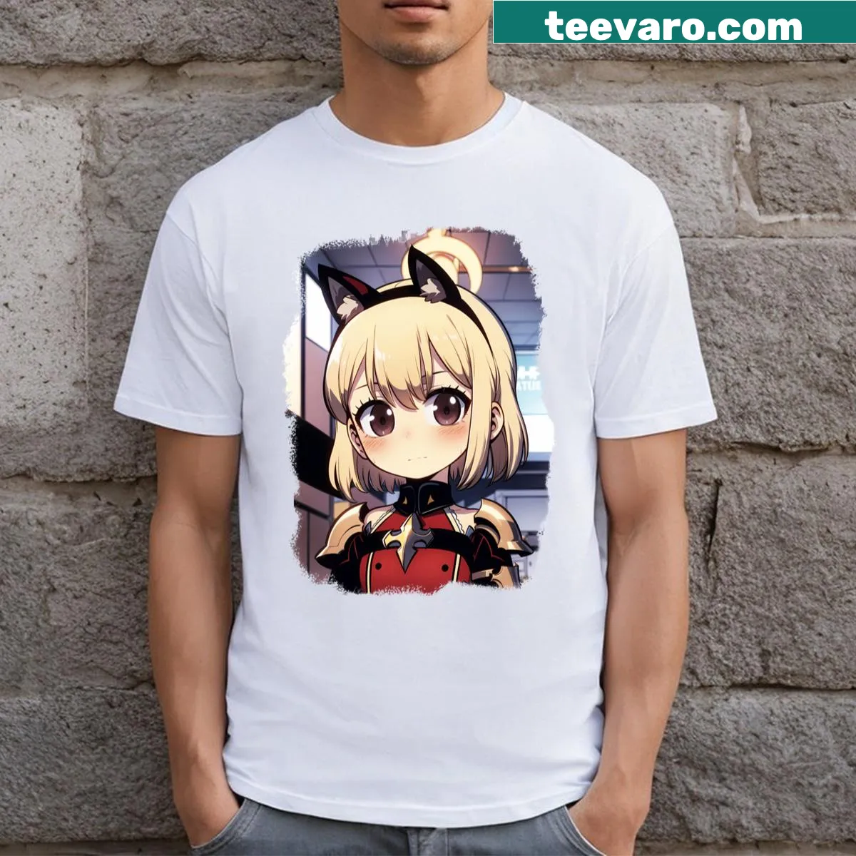 Illustrated t-shirt featuring a girl in red armor from webtoon — on a men's t-shirt