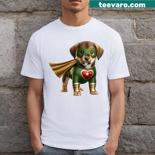 Whimsical superhero puppy illustration on a green adventure theme T-shirt