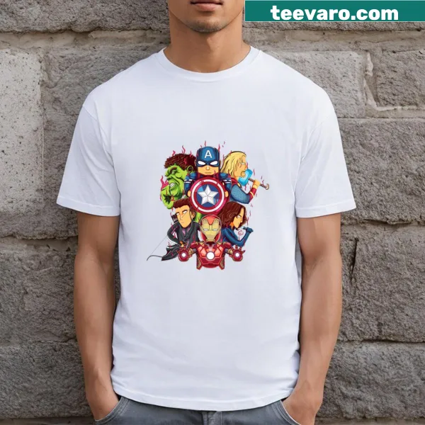 Illustration of diverse superheroes on a playful T-shirt design