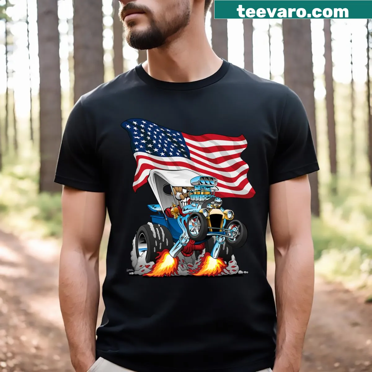 Cartoon Hotrod design with USA flag for car enthusiasts — on a men's t-shirt