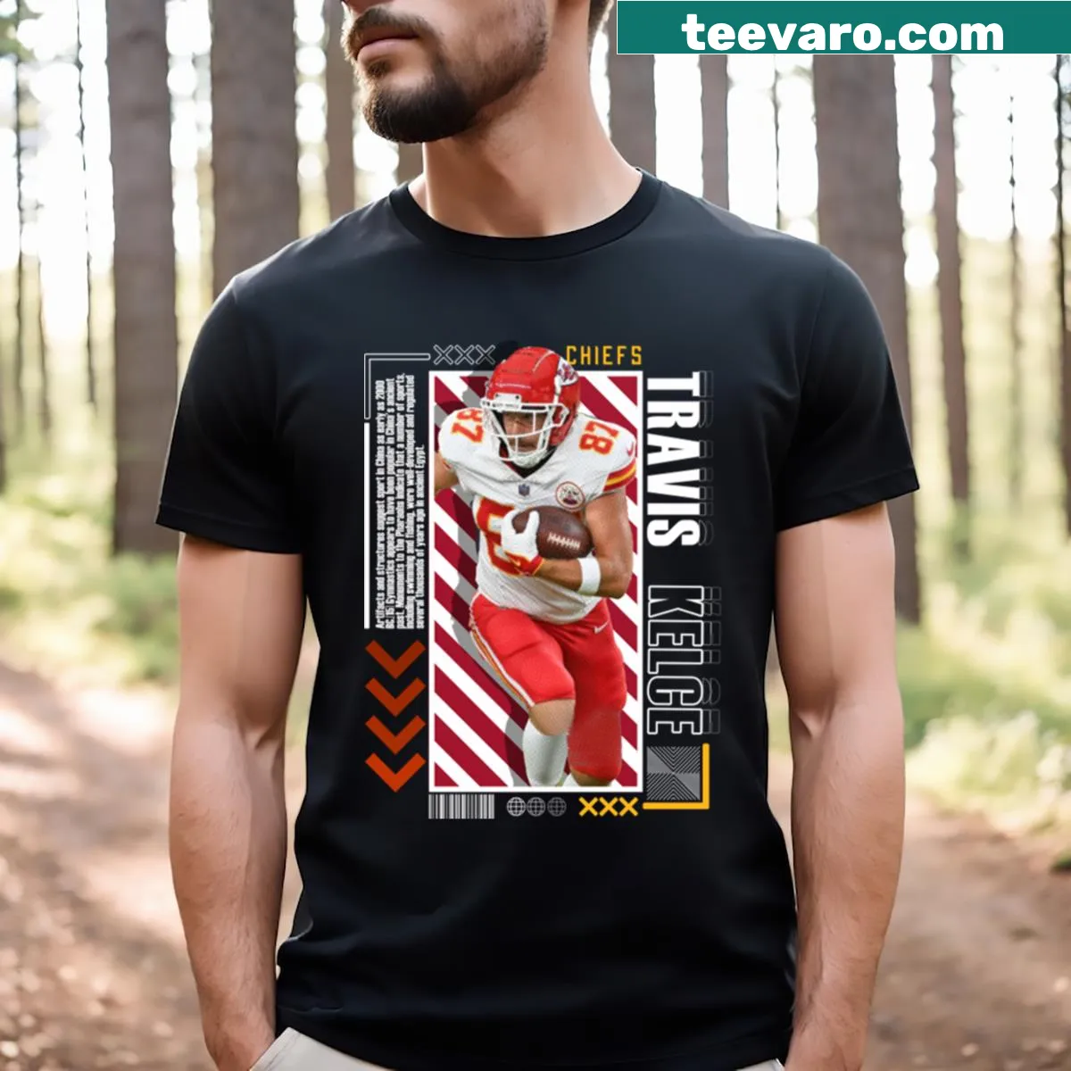 Illustration of Travis Kelce on a sports-themed t-shirt — on a men's t-shirt