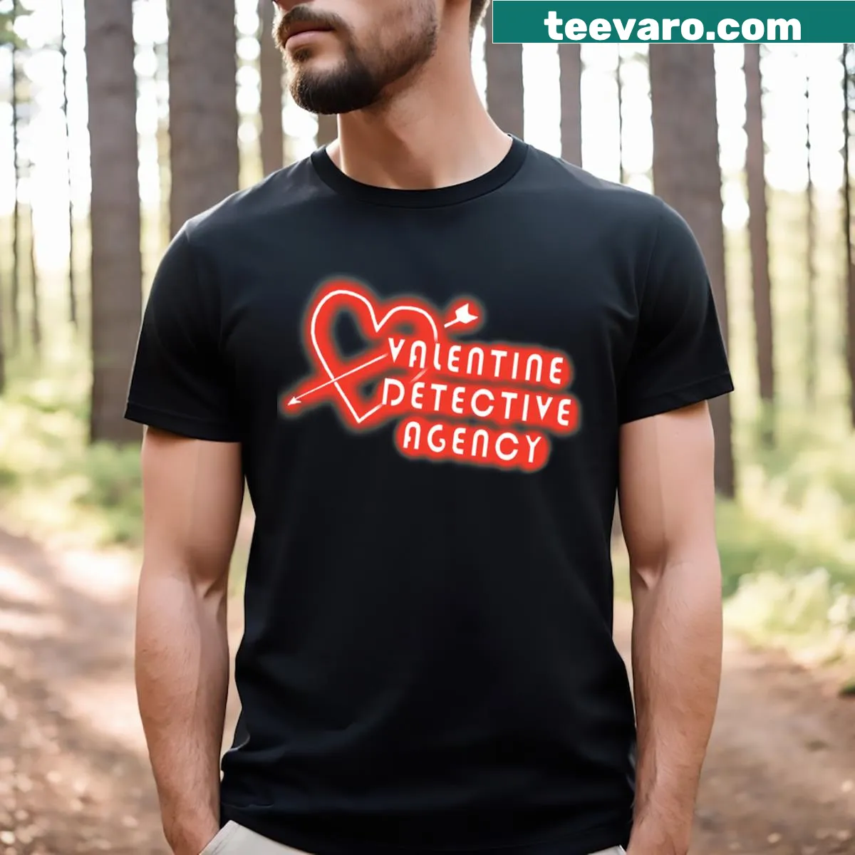 Humorous Valentine Detective Agency t-shirt with playful graphics — on a men's t-shirt