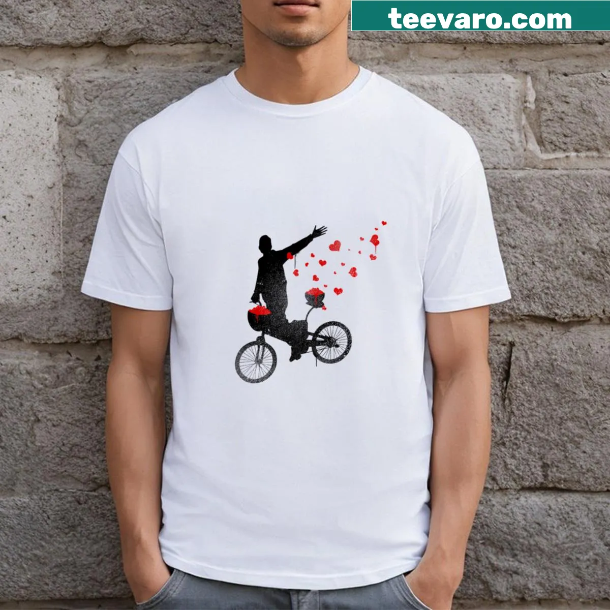 Charming Valentine's Bicycle t-shirt with heart-themed illustration — on a men's t-shirt