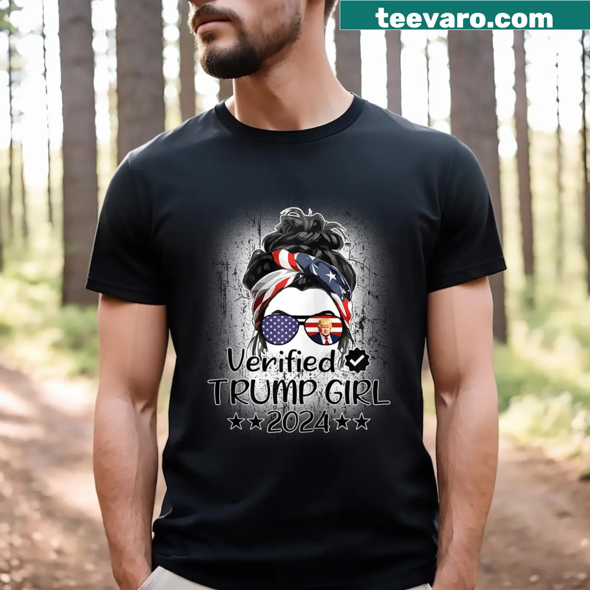 Cute T-shirt with playful illustration of a girl and US flag — on a men's t-shirt