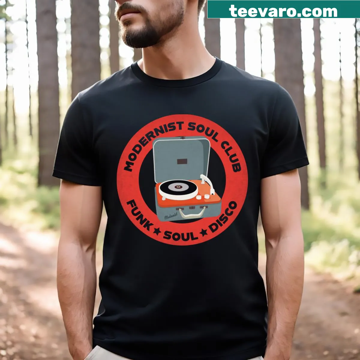 Minimalist vintage T-shirt with modernist typography — on a men's t-shirt