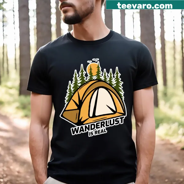 Tent in forest graphic on a Wanderlust t-shirt.