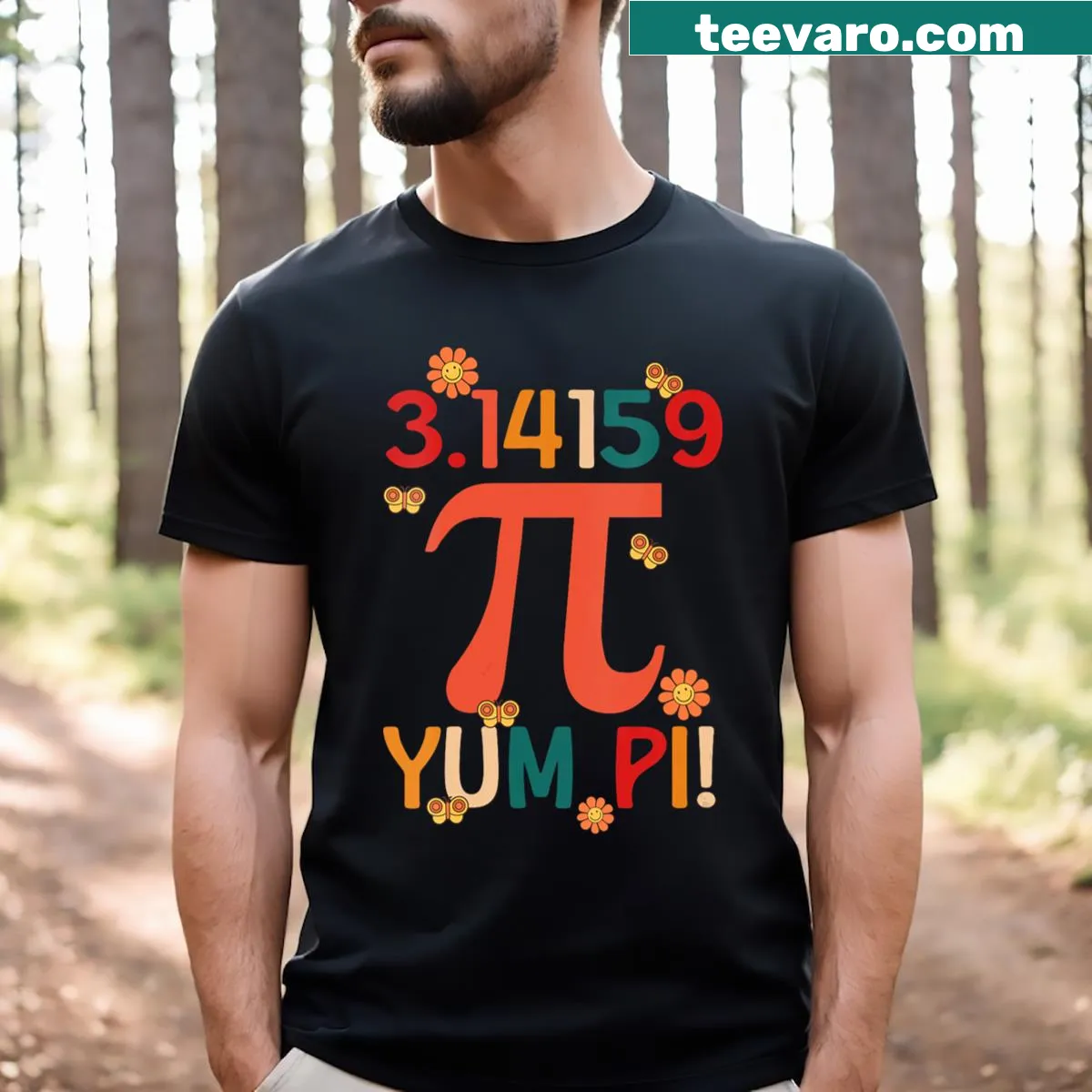 Playful V-neck t-shirt featuring the Pi symbol and math illustrations — on a men's t-shirt