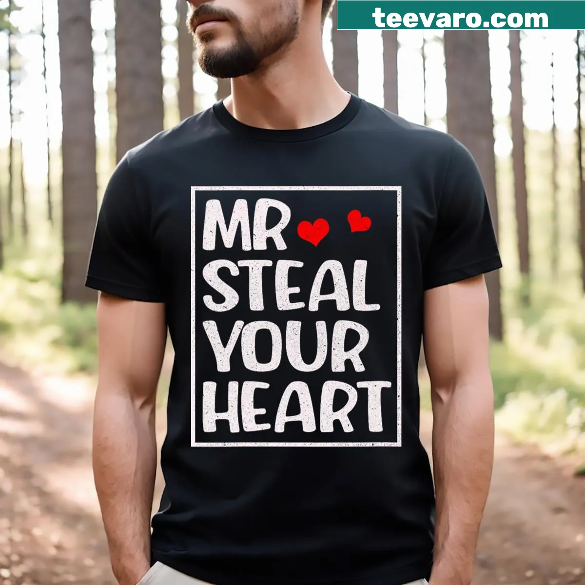 V-neck t-shirt with humorous text 'Mr Steal Your Heart' — on a men's t-shirt