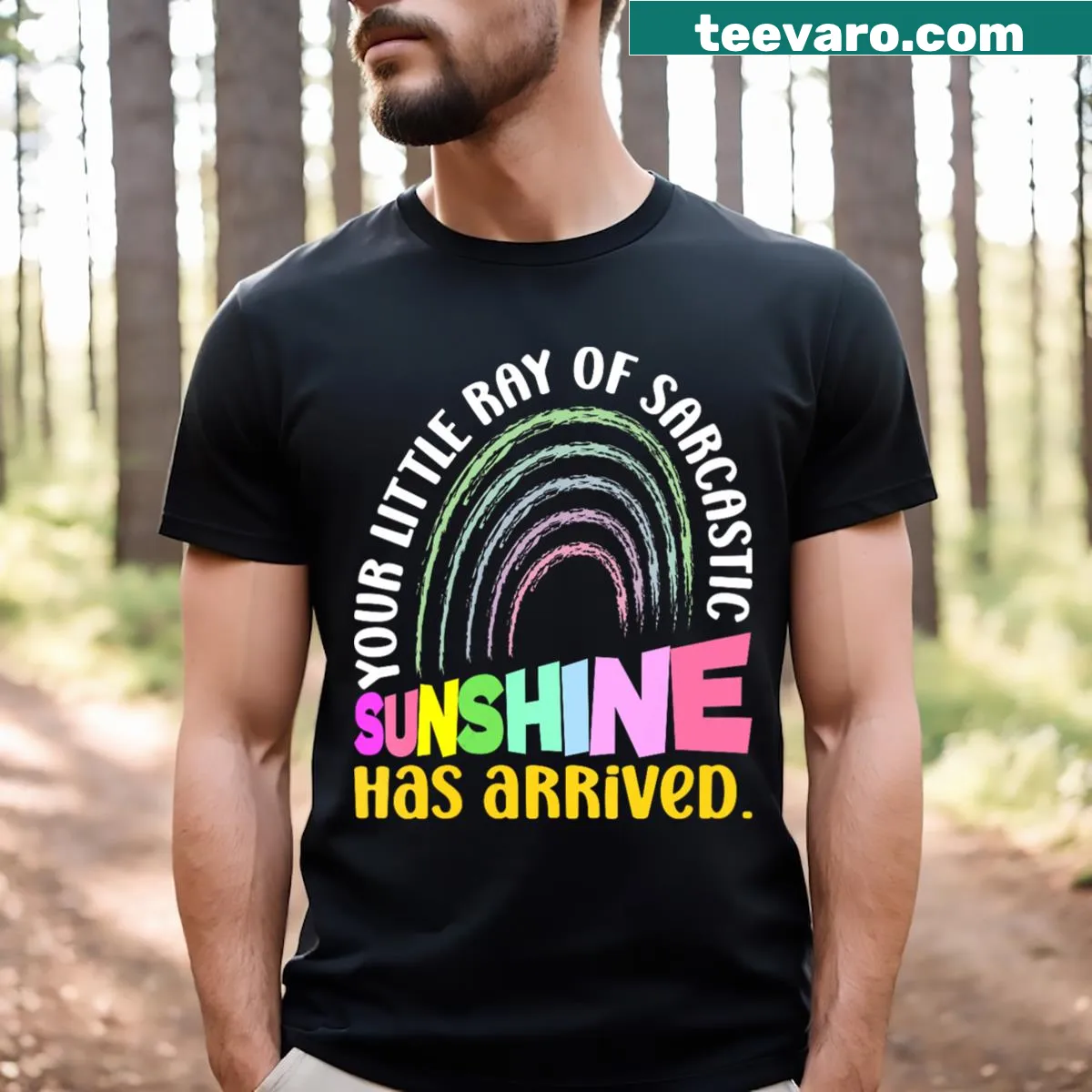 Sarcastic V-neck t-shirt with sunshine graphic text — on a men's t-shirt