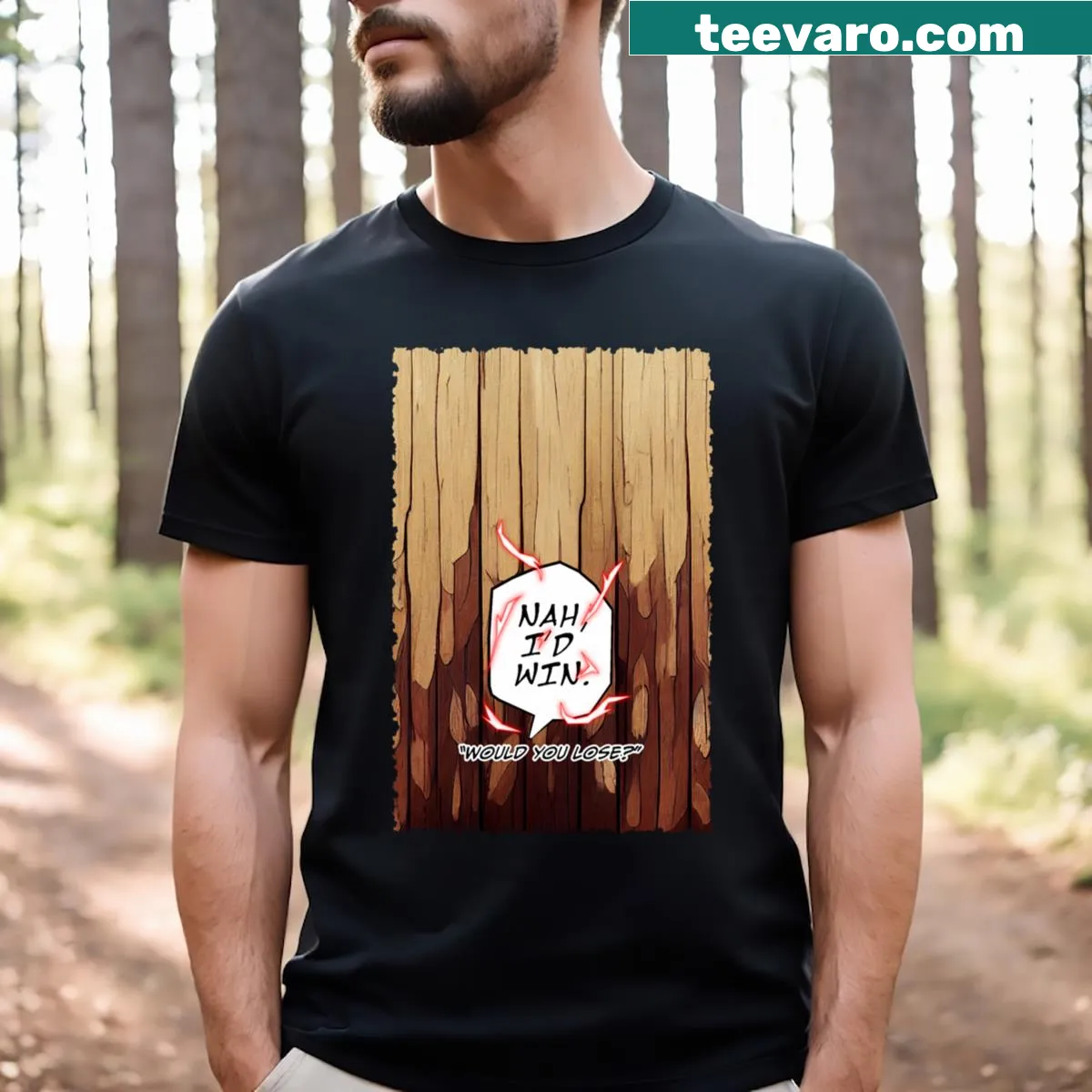 T-shirt depicting a bold anime quote with dynamic graphic elements — on a men's t-shirt
