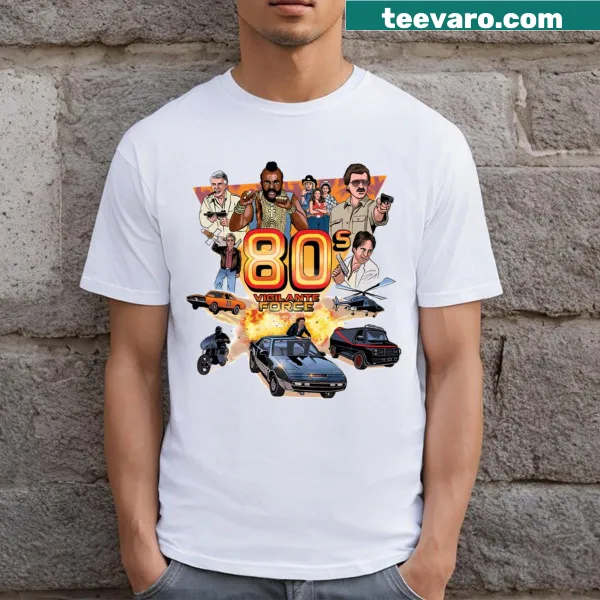 T-shirt featuring retro-inspired graphics celebrating 80's vigilante stories