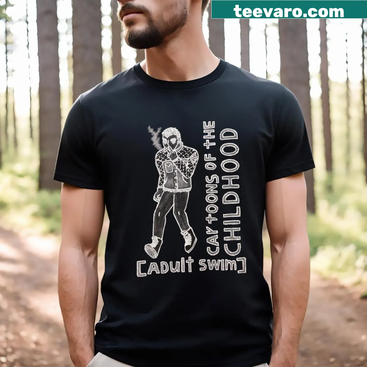 Collage of classic Adult Swim cartoon characters on a T-shirt — on a men's t-shirt