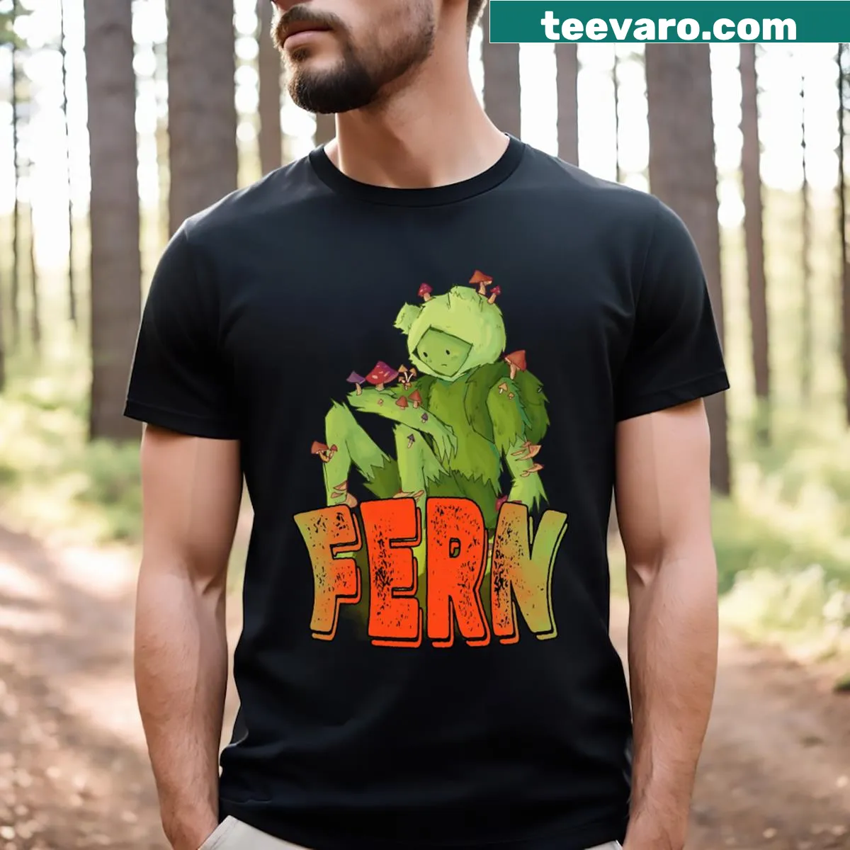 Fern the Human with orange mushroom illustration on a T-shirt — on a men's t-shirt