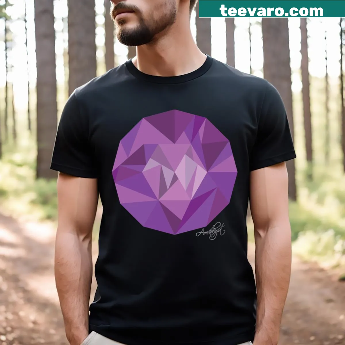 T-shirt featuring an elegant amethyst gemstone design — on a men's t-shirt