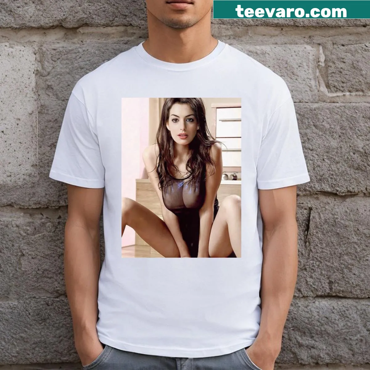 T-shirt featuring a playful text about Anne Hathaway — on a men's t-shirt