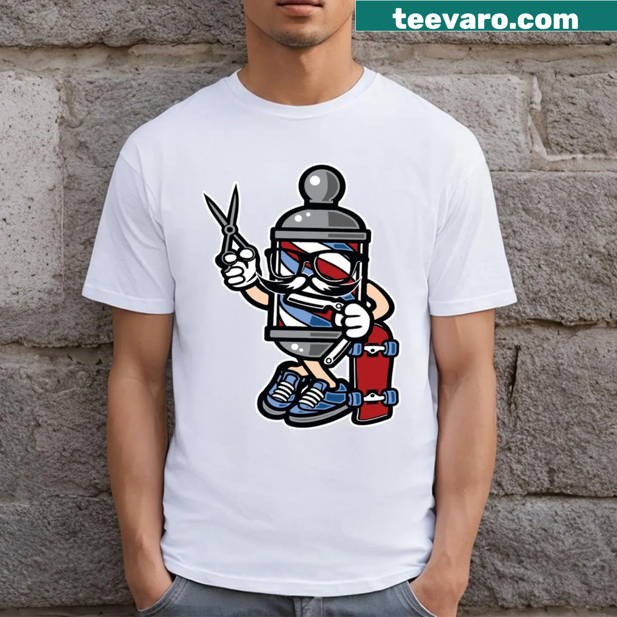 Barber Skater Style t-shirt featuring barber and skateboard illustrations. — on a men's t-shirt