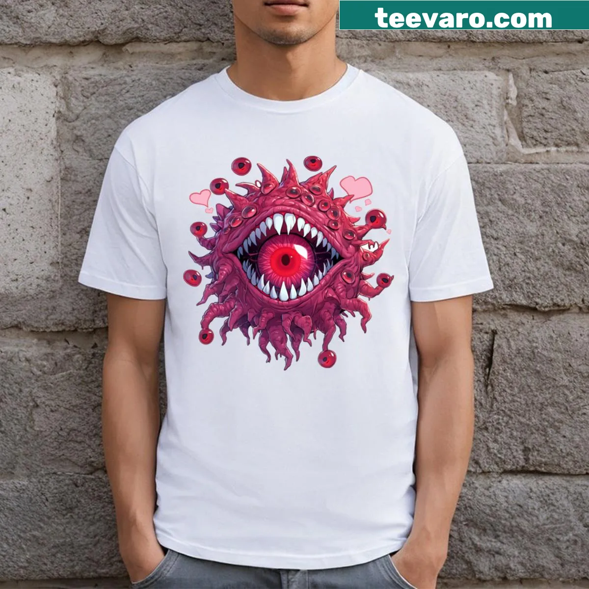 Playful t-shirt featuring a Beholder in love from Dungeons and Dragons — on a men's t-shirt
