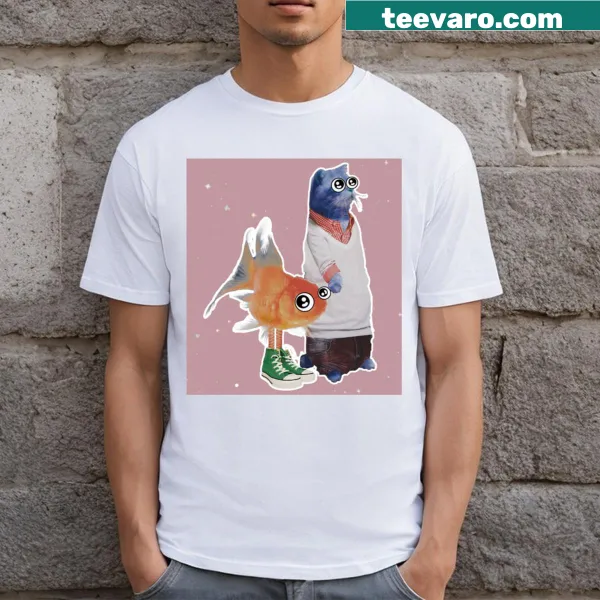 T-shirt featuring a cute illustration of a blue cat with a golden fish.