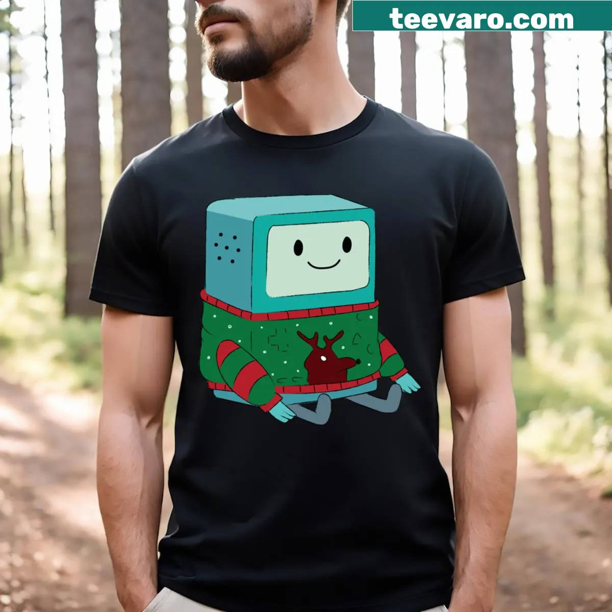 T-shirt featuring Bmo from Adventure Time in cartoon style — on a men's t-shirt