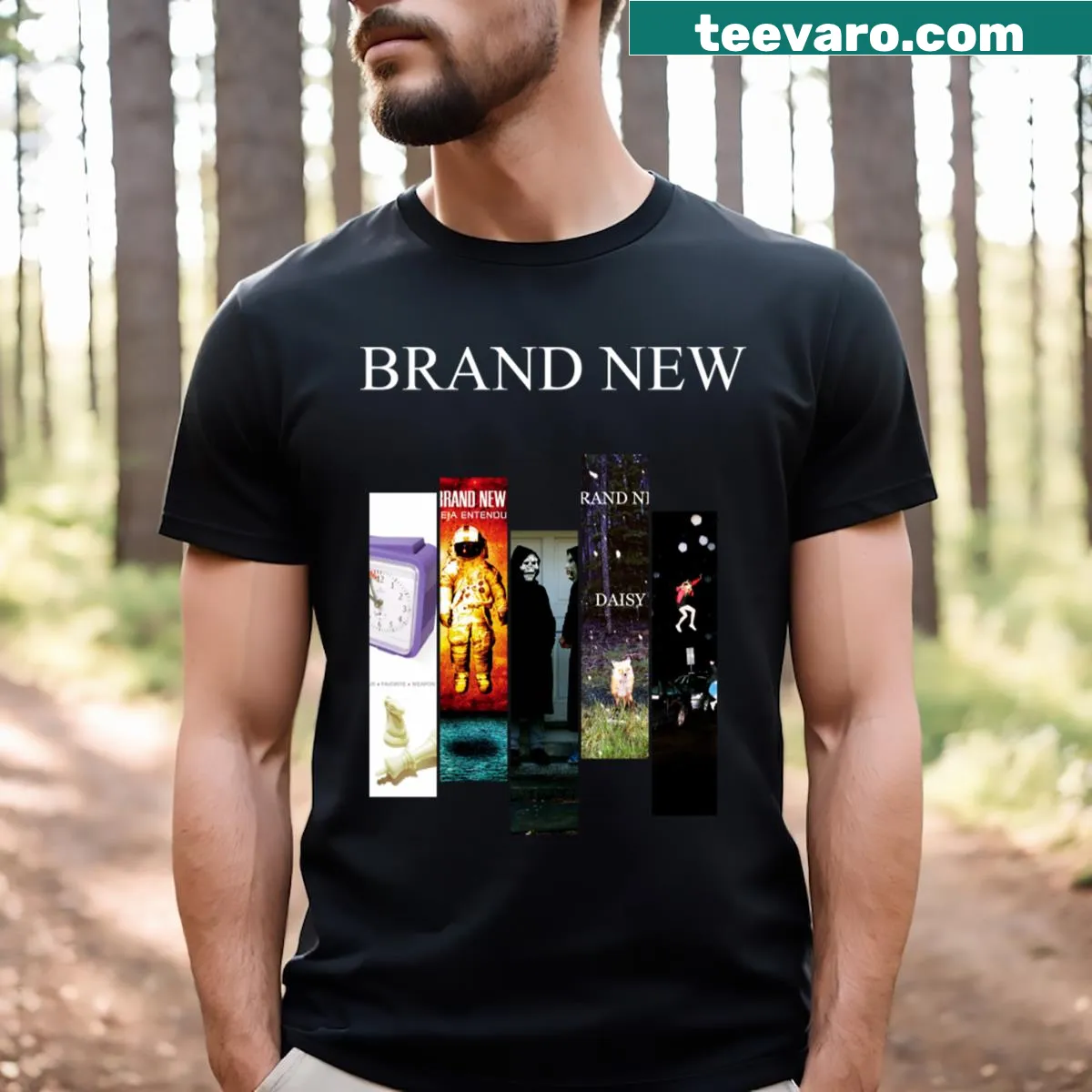 T-shirt showcasing Brand New discography — on a men's t-shirt