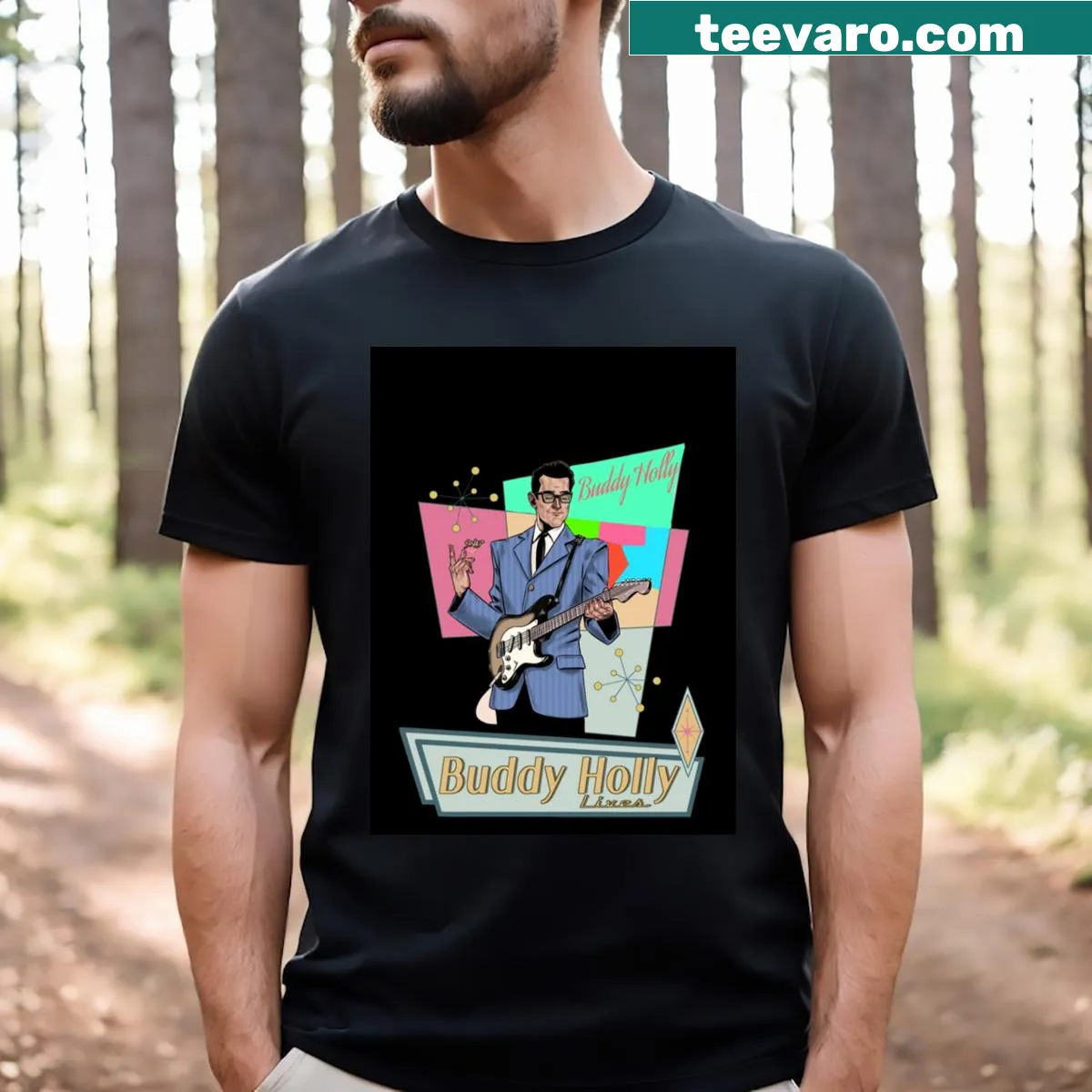 Minimal design graphic T-shirt honoring Buddy Holly — on a men's t-shirt