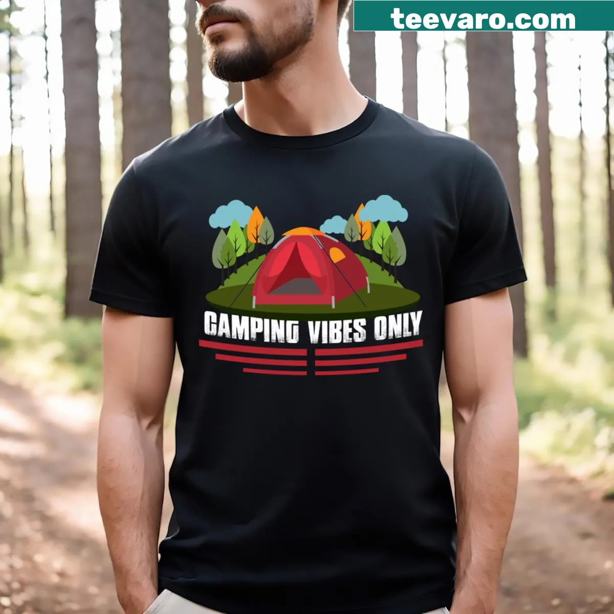 Men's camping T-shirt with positive vibes graphic — on a men's t-shirt