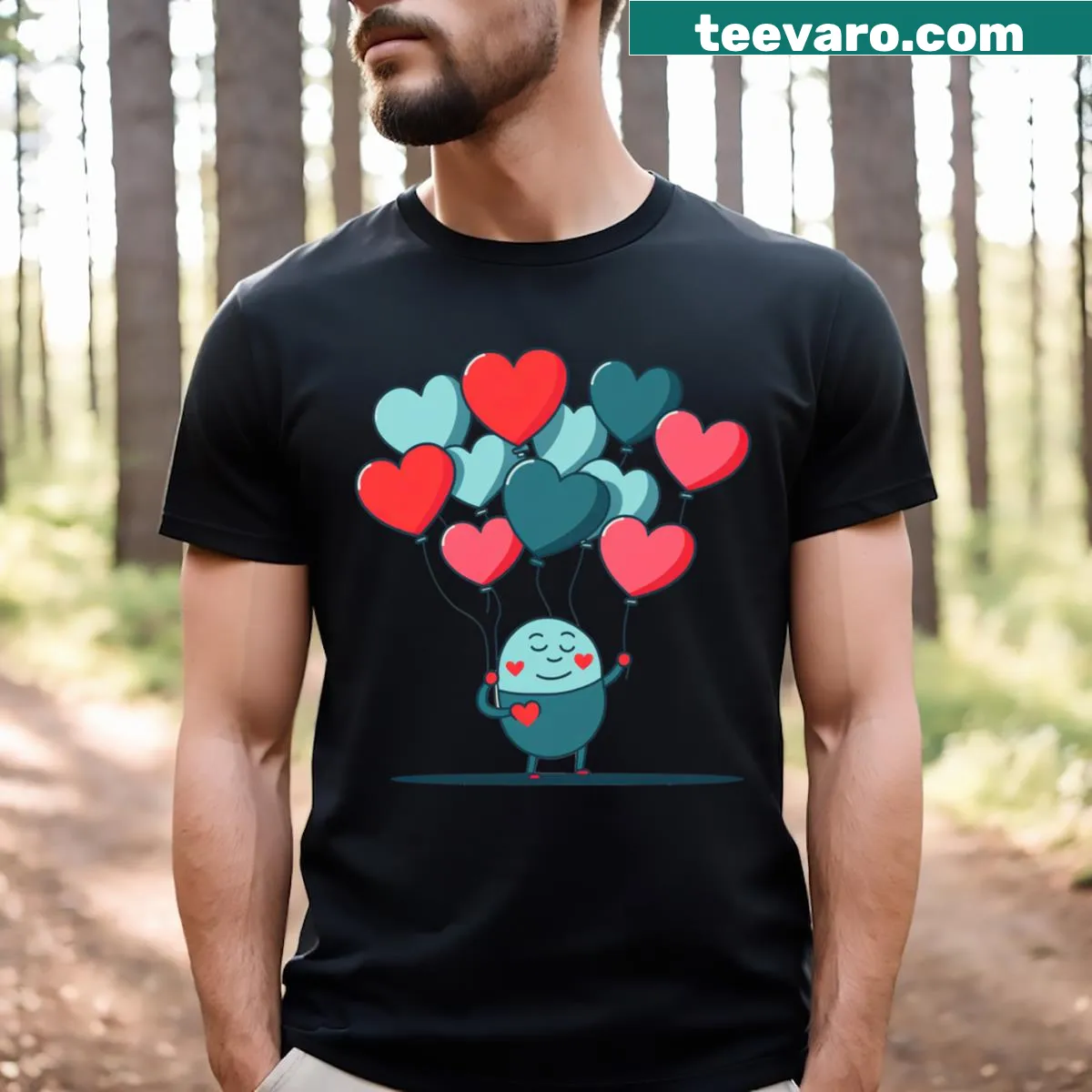 Cartoon T-shirt featuring a boy surrounded by hearts design — on a men's t-shirt