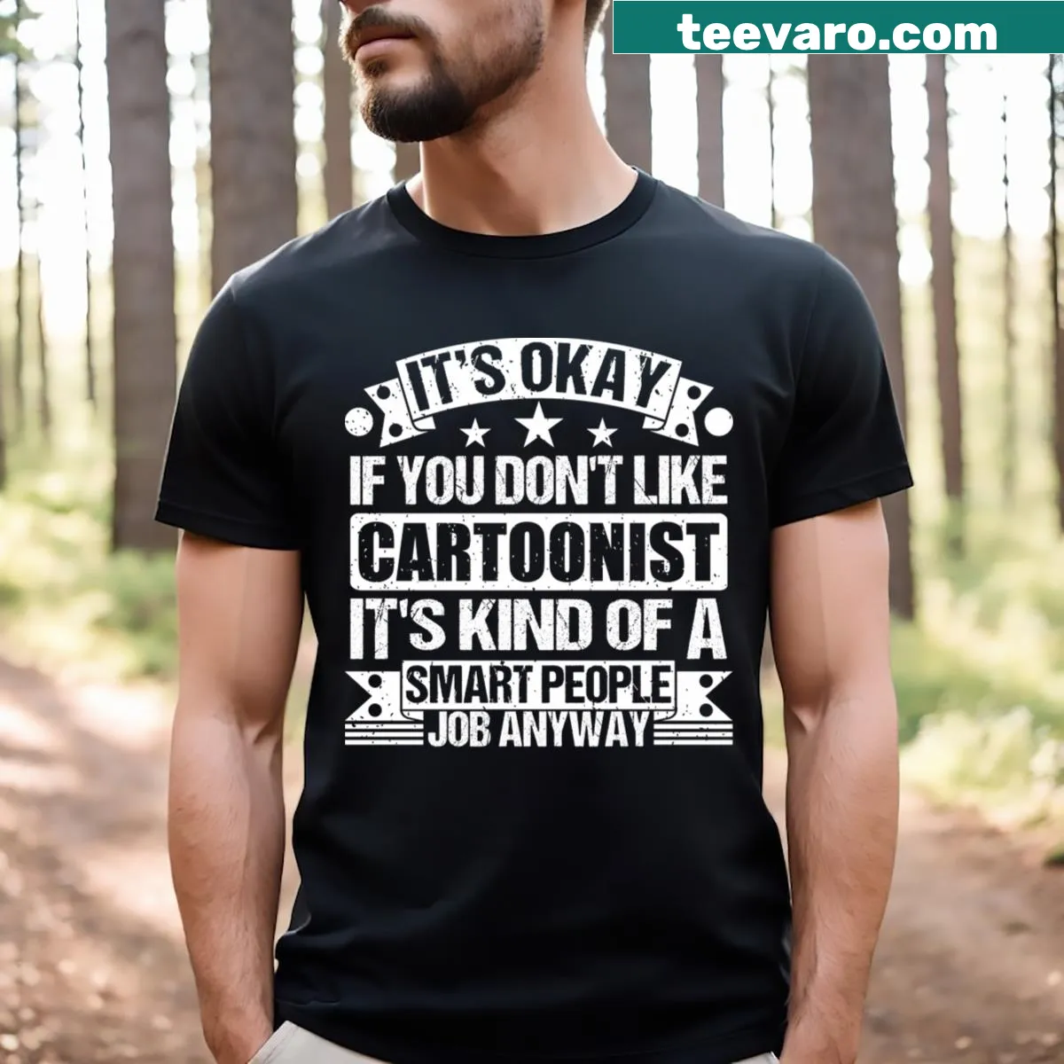 Funny t-shirt celebrating cartoonists with humorous text — on a men's t-shirt