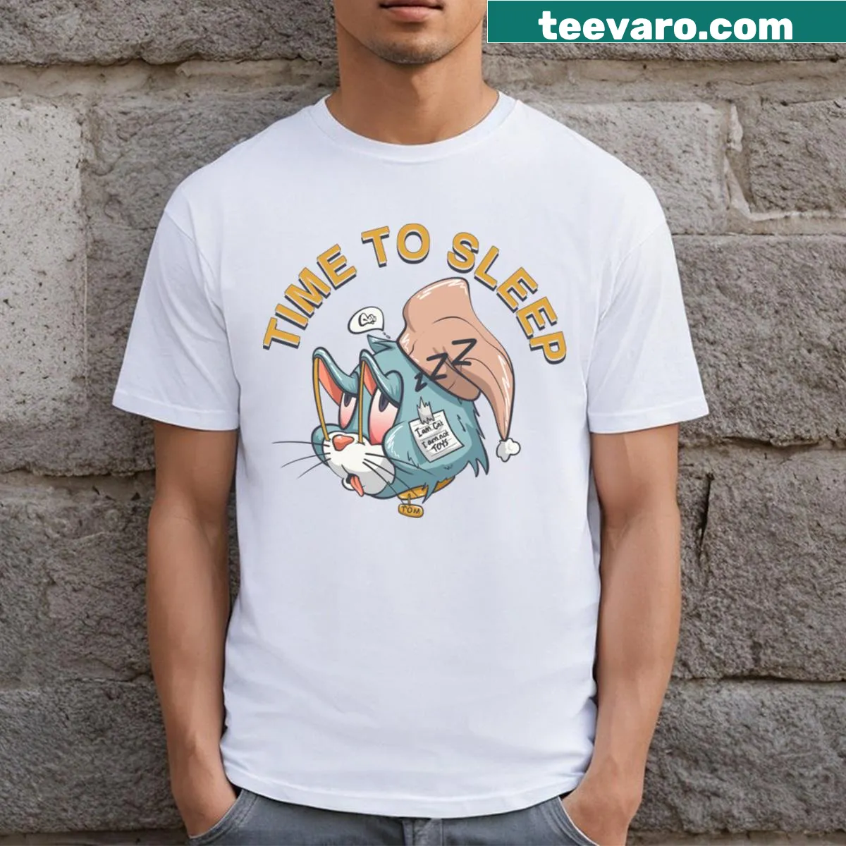 Cute T-shirt featuring cartoon cats with a sleep theme — on a men's t-shirt