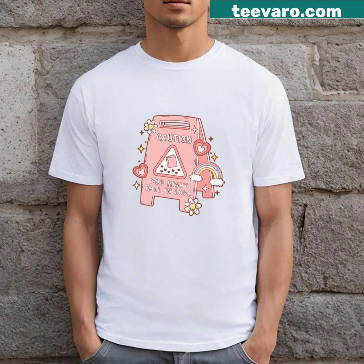 Funny T-shirt warning about falling in love with books, perfect for book lovers. — on a men's t-shirt