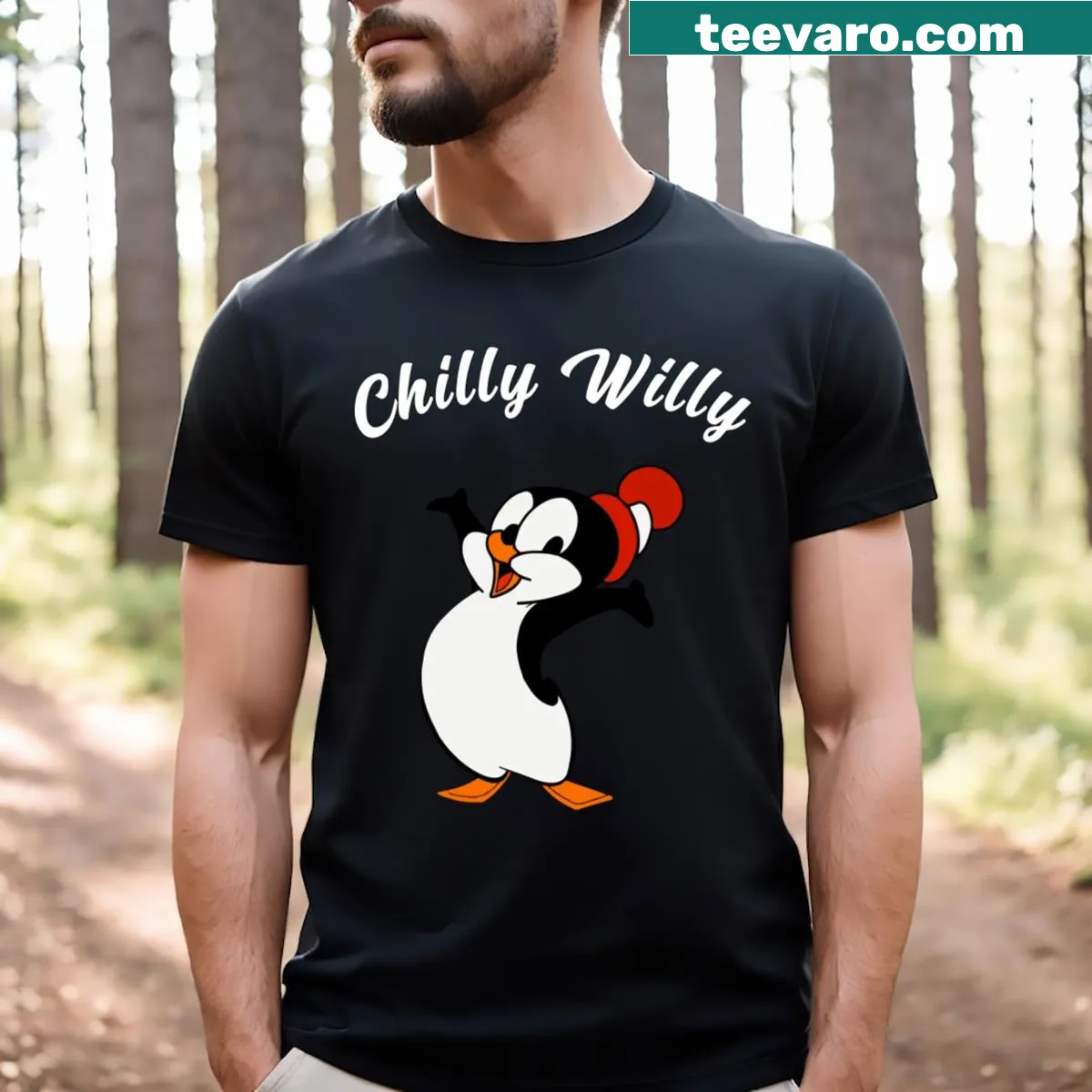Chilly Willy and Woody Woodpecker illustrated on a t-shirt — on a men's t-shirt