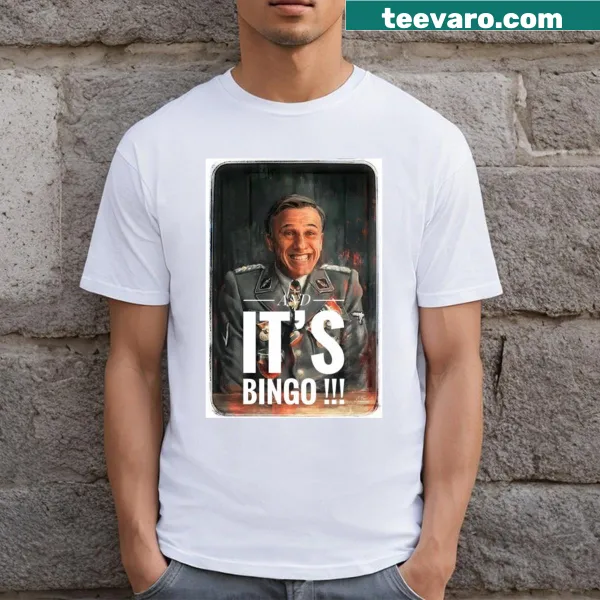 Playful T-shirt featuring the phrase 'Bingo!!' inspired by Christopher Waltz.